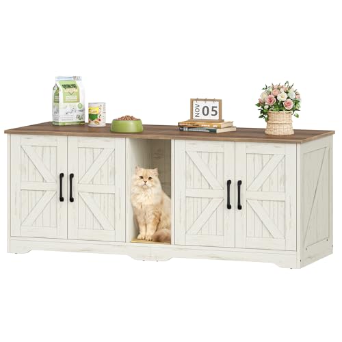 Fobyfurny Katzenklo Schrank für 2 Katzen Katzenklo Versteckt Schrank Möbel Katzenhaus Holz Beistelltisch mit Kratzmatte für Wohnzimmer und Schlafzimmer 140 x 50 x 55 cm Braun Weiß FPCB103PWR1