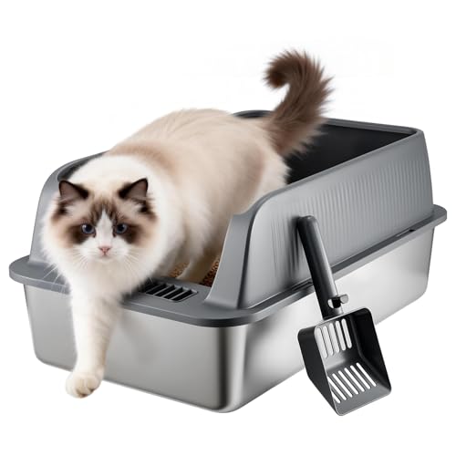 XL Katzentoilette aus Edelstahl große Metall-Katzenschale mit Deckel 58 38 28 cm Jumbo geschlossene Box für große Katzen Mehrkatzenhaushalte Antihaft Dunkelgrau