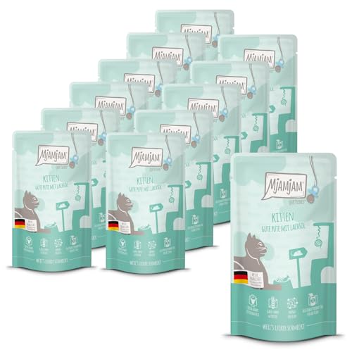MjAMjAM - Premium Nassfutter für Katzen - Quetschie - Kitten gute Pute mit Lachsöl 12er Pack 12x125g getreidefrei