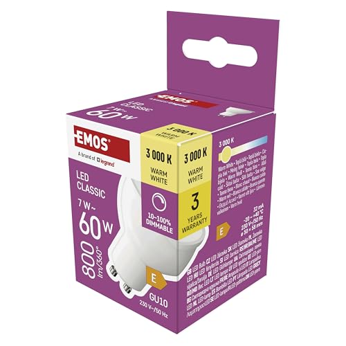 EMOS - Dimmbare Spot LED Lampe MR16 GU10 Sockel - 7W Ersatz für 60W Halogenlampe - stufenloses Dimmen - Helligkeit 800 lm Warmweiß 3000 K - 25000 h Lebensdauer CRI min. 80 100 Abstrahlwinkel