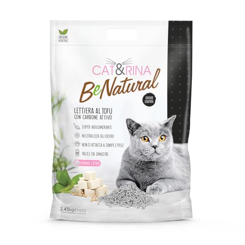 Cat Rina BeNatural Tofu Katzenstreu pflanzlich und stark klumpend. Biologisch abbaubar und in der Toilette entsorgbar.Bis zu 30 Tage Gebrauch. Katzenstreu mit Aktivkohle 5 5l