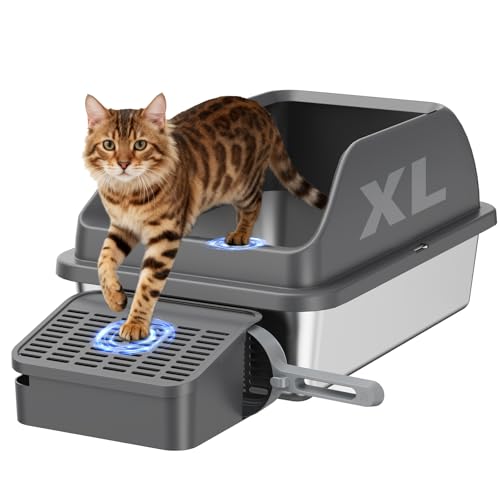 Zivacate Katzenklo aus Edelstahl XL 60 40cm Groß Katzentoilette mit geneigter Einstiegrampe hohen Seitenwänden Streuschaufel Pedal geruchsresistent leicht zu reinigen Grau