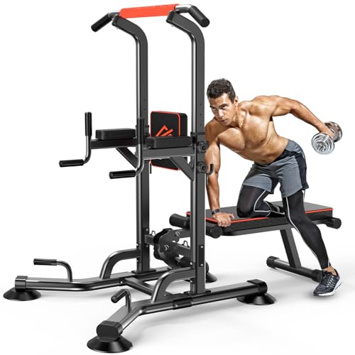 SQUATZ Klimmzug-Trainingsstation mit Bank multifunktionales Fitnessgerät mit Zugstange Sit-Up-Board Rückenlehne Ellenbogenpolster und Stahl-Hauptrahmen ideal für Heimübungen und Krafttraining