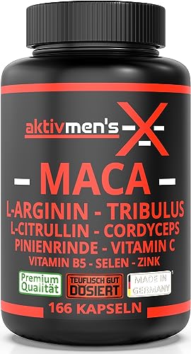 aktivmen s X MACA SCHWARZ - weil Spaß zum Leben gehört 166 Kapseln teuflisch gut hochdosiert L-Arginin L-Citrullin Cordyceps Tribulus Pinienrinde Selen Vitamin C B5 Zink 1 Dose 1x135 6g