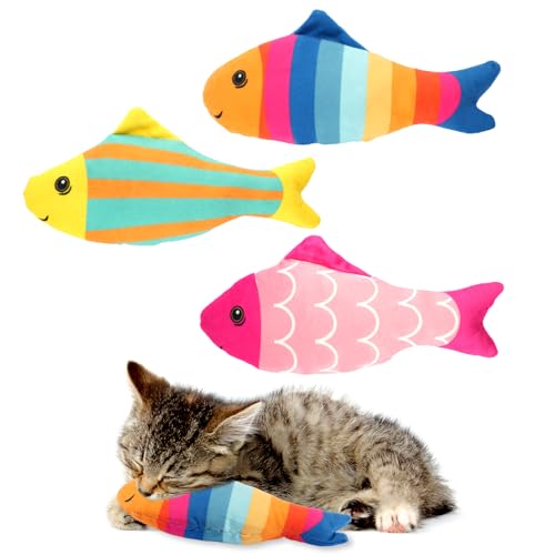 Moosono Katzenminze Spielzeug 3 Stück Plüsch-Fisch mit Katzenminze 19cm Interaktives Katzenspielzeug für Zahnpflege Bewegung Langzeitspaß