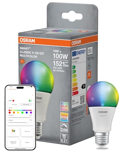 Osram SMART Matter LED-Lampe A100 Kolbenform 14W E27 RGBW dimmbar App- Sprachsteuerung WiFi Alexa Google kompatibel hohe Effizienz