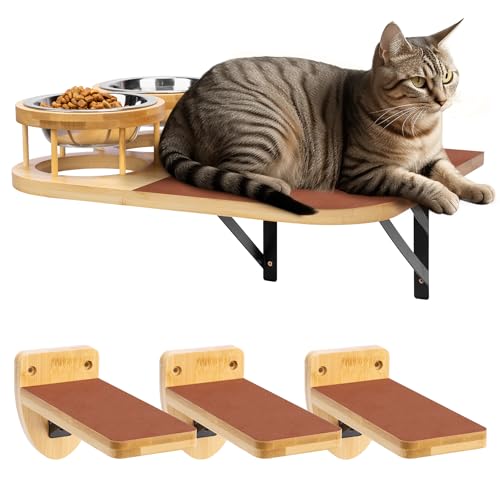 Navaris Futterstation für Katzen - Futternapf Katze - Wandmontierte Katzenfutterstation rechts - Futterstation Katze erhöht - Inklusive 3 Stufen - Bambus