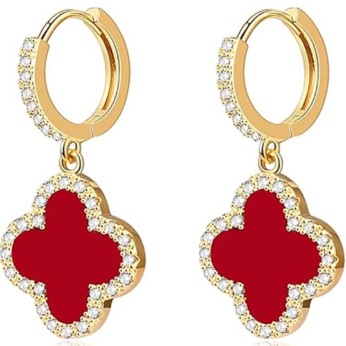 Glücksklee-Ohrringe goldene Creolen zierliche Tropfen-Ohrringe für Damen 18 Karat vergoldete Kleeblatt-Creolen schlichte Glückstropfen Red One Size