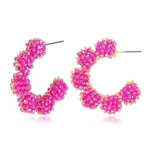 Fuchsia Pink Perlen Creolen Damen C-förmige Boho Ohrringe Handgemacht Optik Leichte Sommer Statement Ohrringe Hypoallergen Schmuck Geschenk