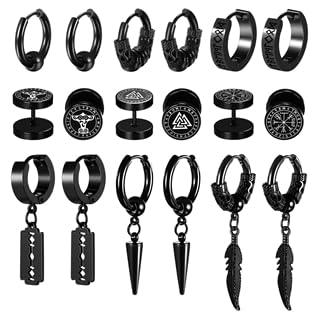 Flongo 9 Paar Wikinger Ohrringe für Männer Edelstahl Nordische Runen Dreieck Kompass Ohrstecker Retro HipHop Punk Keltische Thors Hammer Huggie Creolen Ohrschmuck mit Federn Spikes Schwarz Set