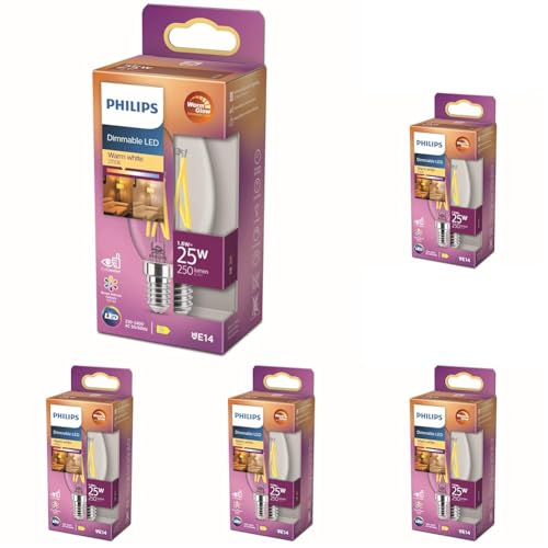 Philips LED Classic E14 Filament Lampe Warm Glow 25 W dimmbare LED Lampe mit warmweißem Licht energiesparende Lampe mit langer Nutzlebensdauer Klar Packung mit 5