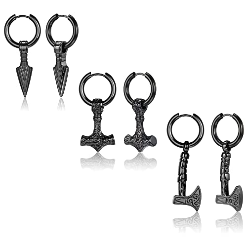 MILACOLATO 3 Paar Ohrringe Männer Wikinger Ohrringe Für Herren Dangly Norse Thors Hammer Axt Edelstahl Huggie Kleine Creolen Männer Gothic Wikinger Schmuck Schwarz