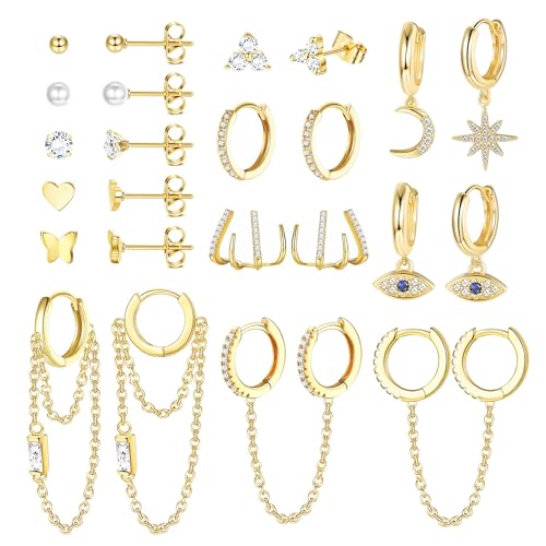 JeweBella 12 Paar Kleine Ohrstecker Damen Set - Edelstahl Hypoallergen Mini Creolen Anhänger mit Kette Evil Eye Stern Mond Ohrringe Klaue Perlen Zirkon Liebe Ohrstecker