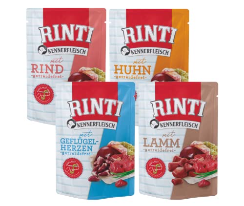 Rinti-Kennerfleisch 12 x 400g Mixpaket 4 garantierte Sorten getreidefreies Nassfutter mit 70% Fleisch Innereien ohne Soja Hundefutter