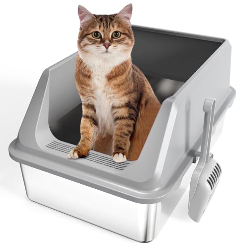 Katzenklo Edelstahl Katzentoilette XXL katzentoiletten Katzen klo Groß Hoher Rand mit Deckel - mit Katzenstreuschaufel - Geeignet für Katzen und Kaninchen Aller Größen - Auslaufsichere