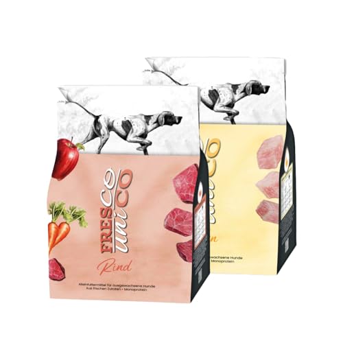 FRESCO Dog Unico PROBIERPAKET 2 x 1kg Hundefutter trocken ohne Weizen Huhn Rind Hoher Fleischanteil 66% Gemüse Trockenfutter für Hunde sensitiv Mono-Protein hohe Verträglichkeit