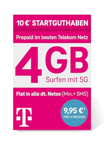 Telekom MagentaMobil Prepaid M SIM-Karte ohne Vertragsbindung 5G inkl. I 4 GB Allnet Flat Min SMS in alle dt. Netze EU-Roaming I Surfen mit 5G LTE Max Hotspot Flat I 10 EUR Startguthaben