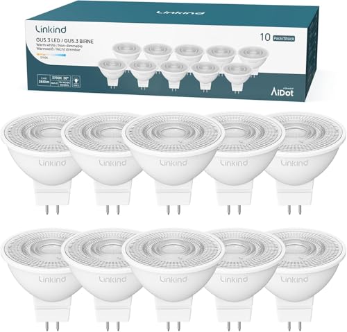 Linkind 12V GU5.3 Led 3.4W 35 Watt ersetzt 2700K Warmweiß 36 Abstrahlwinkel LED Spot MR16 360Lm AC DC 12V LED Leuchtmittel 25 000 Std. Lebensdauer Nicht dimmbar 10 Stück