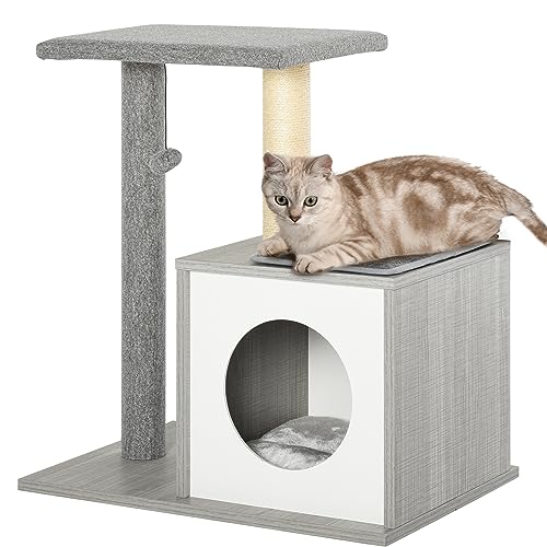 PawHut Holz Kratzbaum Katzenbaum Kletterbaum für Katzen Kätzchen Möbel mit Katzenhöhle Spielhaus Katzenspielzeug und Plüschkissen Grau Weiß 59x39x62 cm