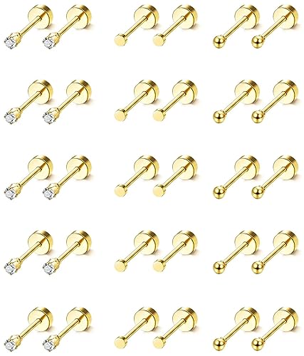FIOROYAL 15 Paare 14K Vergoldeter Ohrstecker Set für Herren Damen Klein Fake Creolen Ohrringe Chirurgenstahl Flat Piercing Ohr 20G Tragus Helix Piercings Gold Medizinische Ohrstecker Set