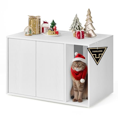 SONGMICS HOME Katzenklo Schrank Toolless Technologie Superschnelle werkzeuglose Montage Katzenschrank für große Katzen Push to Open Türen Katzenhaus minimalistisch schneeweiß PCL013W01