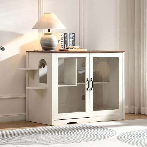 FOREST GRAVITY Katzenschrank Katzentoilette Groß Katzenklo Schrank Large Cat Litter Box Furniture Modern 125.5 83 60 cm Katzenhaus mit Tür und Separater Trennwand Antikes Weiß