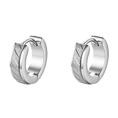 JewelryWe Schmuck Creolen Ohrringe Edelstahl Sandgestrahlt Streifen Huggie Hoop Klappcreolen Ohrschmuck Ohrstecker für Herren Damen Silber