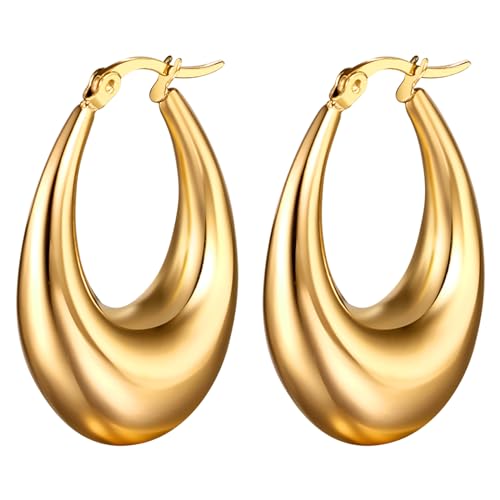 Flongo Hoop Oval goldene rund Ohrstecker Groß Dick klobige Edelstahl Tropfen Glitzer Huggies charm chunky Reif Earrings Modeschmuck Geschenk für Frauen Mädchen