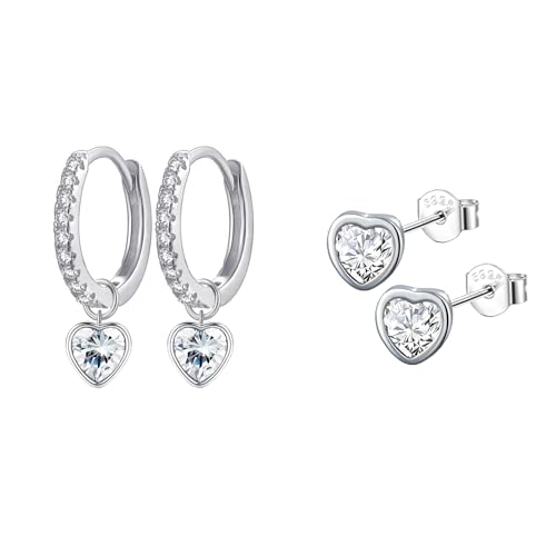 Epoch World 2 Paar Herz Ohrringe Hängend Creolen mit Anhänger Damen Ohrringe Silber 925 Herz Creolen Silber Ohrstecker Klein mit Cubic Zirkonia Ohrschmuck Ohrstecker für Damen Mädchen Frauen