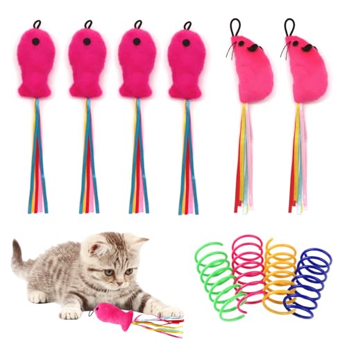 FloralGrace 6 Stück Fisch und Mäuse Katzenspielzeug Plüsch gefüllt Premium Katzenangel Zubehör mit Bändern Interaktive Katzenspielzeug mit Katzenminze mit 4 Katzensprings