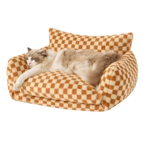 Hollypet Katzenbett flauschig Plüsch multifunktional doppellagig weich orthopädisches Sofa Nest Betten für kleine Katzen und Hunde Braun und Hellgelb 63 5 x 50 8 x 33 cm