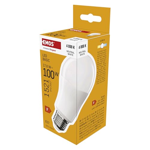 EMOS LED Lampe A60 17 8W Ersatz für 100W Glühbirne E27 Sockel Helligkeit 1521 Lumen Neutralweiß 4000 Kelvin 20000 Stunden Lebensdauer CRI min. 80 200 Abstrahlwinkel