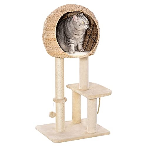 PawHut Katzenbaum Kratzbaum Kätzchen Möbel mit Katzenhöhle Ballspielzeug Sisal weiche Plüsch Höhe 100 cm Beige