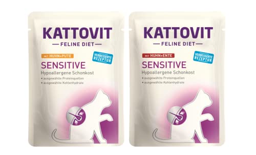 Kattovit Feline Diet Sensitive Bundle 20x 85g 10x Huhn Ente und 10x Huhn Pute Zur Minderung von Ausgangerzeugnis- und Nährstoffintoleranzerscheinungen