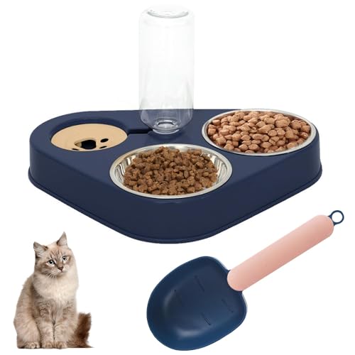 Katzennäpfe Katzenschüssel Set 3 in 1 Katzennapf aus Edelstahl Fressnapf Katze Wasserschale mit Schaufel Doppelter Futternapf mit Automatischer Wasserflasche für Hunde Katzen Haustier Blau