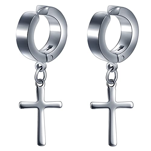 feilok Herren Unisex Creolen Edelstahl Klassisches mit Kreuz Anhänger Ohrringe Ohrstecker Ohrhänger Ohr-Piercing für Herren Damen Silber