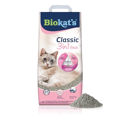 Biokat s Classic fresh 3in1 mit Babypuder-Duft - Klumpende Katzenstreu mit 3 unterschiedlichen Korngrößen - 1 Sack 1 x 10 L