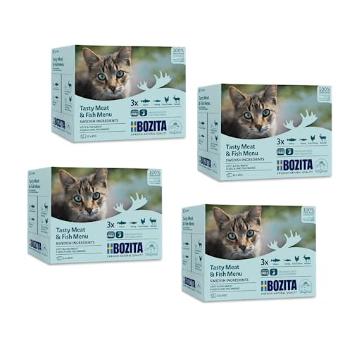 Bozita Katze Häppchen in Gelee 4er Pack 4 x 12 x 85 g Multibox Meat Fish Alleinfuttermittel für Katzen Mit Hering Lachs Hühnchen Rentier Ohne Zuckerzusatz