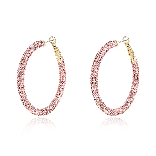 EVER FAITH Strass Creolen für Damen Mädchen funkelnde Kristalle große Kreise durchbohrte Ohrringe Schillernd Rosa