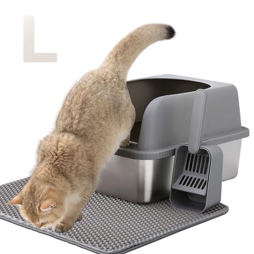 Edelstahl Katzenklo Hochwandig Katzenklo Edelstahl mit Deckel Ohne Geruch Katzenklo Groß mit Katzen Schaufel und Katzenklo Matte Große Katzentoilette aus Metall Für Katzen Kaninchen