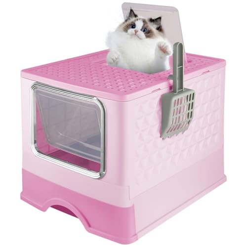 Katzentoilette Design mit Doppeltür klappbarer Deckel halbgeschlossen vollständig geschlossen große Kapazität 5 kg Katzentoilette 36 x 51 x 34 cm mit Schaufel zum Einstreuen Rosa