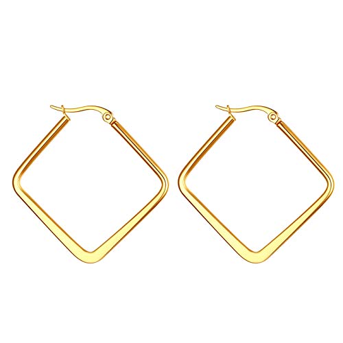 JewelryWe Schmuck Damen Ohrringe Edelstahl Poliert große Quadrat Viereck Geometrie Hoop Creolen Ohrstecker Gold 30mm