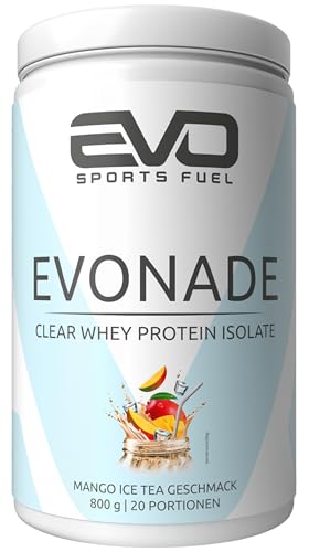 EVO SPORTS FUEL EVONADE Clear Whey Protein Isolate Pulver Mango Ice Tea 800g Refreshing Protein Drink mit Clear Whey Isolate geprüfte Qualität Made in Germany 1er Pack