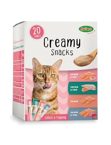 Bubimex - Creamy Snacks Multipack Leckcreme für Katzen Glatte cremige und appetitliche Textur Stimuliert den Appe und fördert die Flüssigkeitszufuhr 20 x 15 g