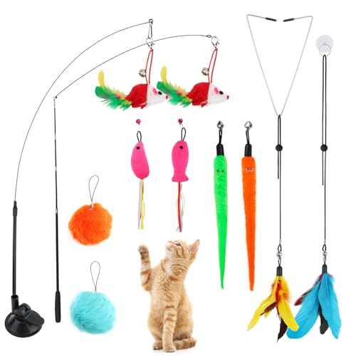 14 Stück Katzen Spielzeug mit1 Saugnäpfen Katzenangel mit 2 Versenkbare 10 Feder Bug Fisch Ersatz mit Glocken 2 Katzenspielzeuge zum Aufhängen an der Tür Katzenspielzeug Set für Kätzchen und Katzen