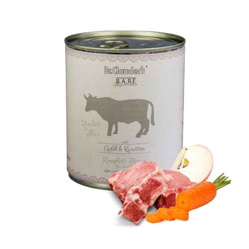 DR.CLAUDER S - B.A.R.F. Komplett Menue Rinderteller Fleischeintopf mit 100% Muskelfleisch Innereien und Gemüse für ausgewachsene Hunde. Alleinfutter in der Dose 800g Rind