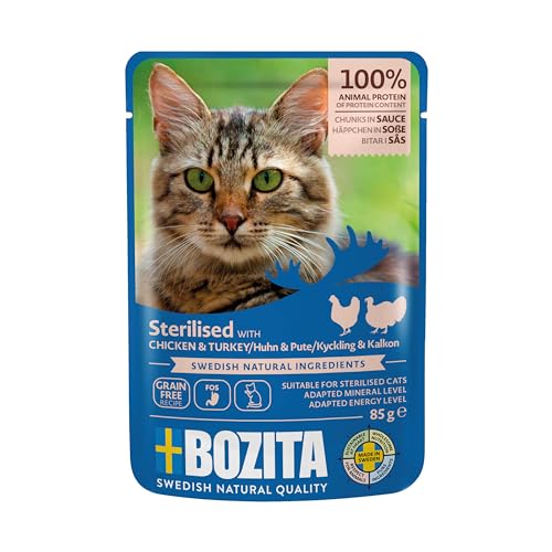 Bozita Sterilised Katzenfutter Huhn Pute Häppchen in Soße im Portionsbeutel Pouch 12x85g Nassfutter für Katzen