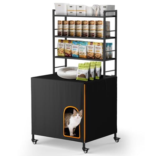 Lekereise katzenklo Schrank mit 4 feststellbaren Rollen 2-in-1 versteckter katzentoilette Schrank aus Metall mit 3 höhenverstellbaren Ablagen katzenhaus für Wohnzimmer Balkon oder Flur Schwarz