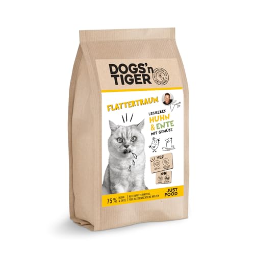 Dogs n Tiger Flattertraum Adult Premium Trockenfutter für Katzen Mit Huhn Ente Gemüse 75% Fleischanteil proteinreich ausgewogen Ohne Zucker Getreide Konservierungsstoffe 1 5kg
