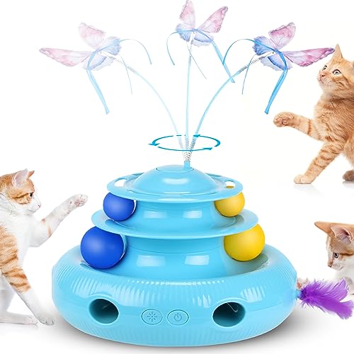 PETTOM Katzenspielzeug Selbstbeschäftigung 3-In-1 Katzenspielzeug Elektrisch Schmetterling Feder Trackball Interaktives Katzen Spielzeug USB Aufladbar